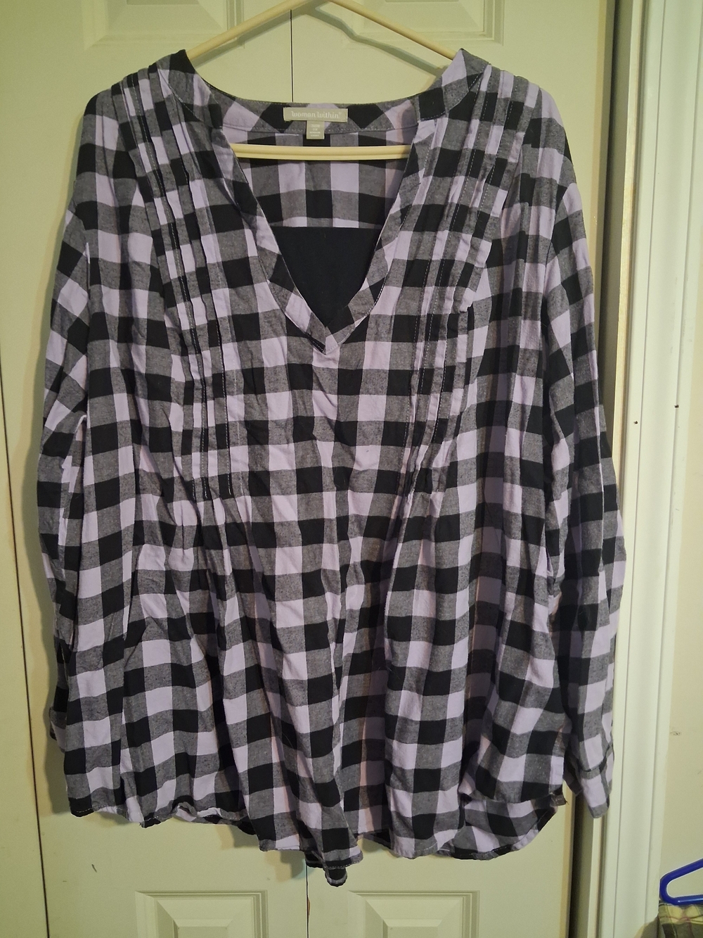 Woman Within Black and Lavender Plaid Pintuck Tunic